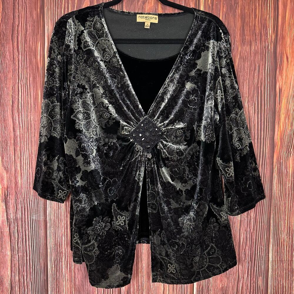 VTG Notations Womens Size 1X‎ Velvet Y2K Whimsigoth Witchy Fairy Black Floral